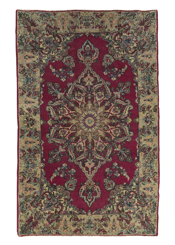 Persian Rug Kerman Handmade Area Antique Traditional 3'0"x4'10" (3x5) Red Whites/Beige Open Field Floral Design #35549