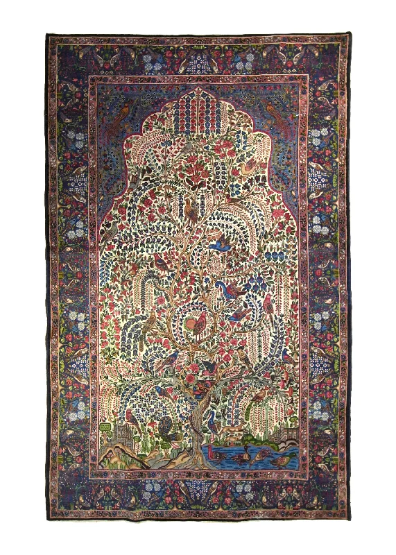 Persian Rug Kerman Handmade Area Antique Traditional 4'10"x7'8" (5x8) Whites/Beige Blue Pink Tree of Life Animals Design #A35446