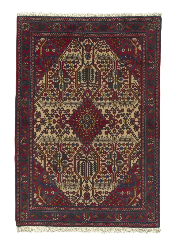 Persian Rug Meymeh Handmade Area Tribal Traditional 3'8"x5'4" (4x5) Red Whites/Beige Geometric Design #18114