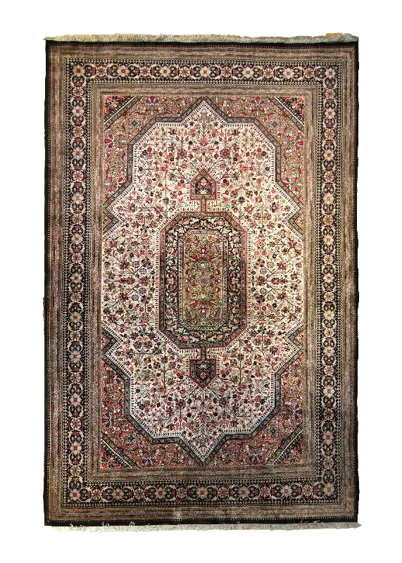 Persian Rug Qum Handmade Area Traditional 4'7"x7'3" (5x7) Whites/Beige Pink Yellow/Gold Floral Design #A35441