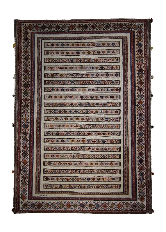 Persian Rug Sirjan Handmade Area Vintage Tribal 4'0"x5'9" (4x6) Whites/Beige Red Geometric Kilim Design #A35411