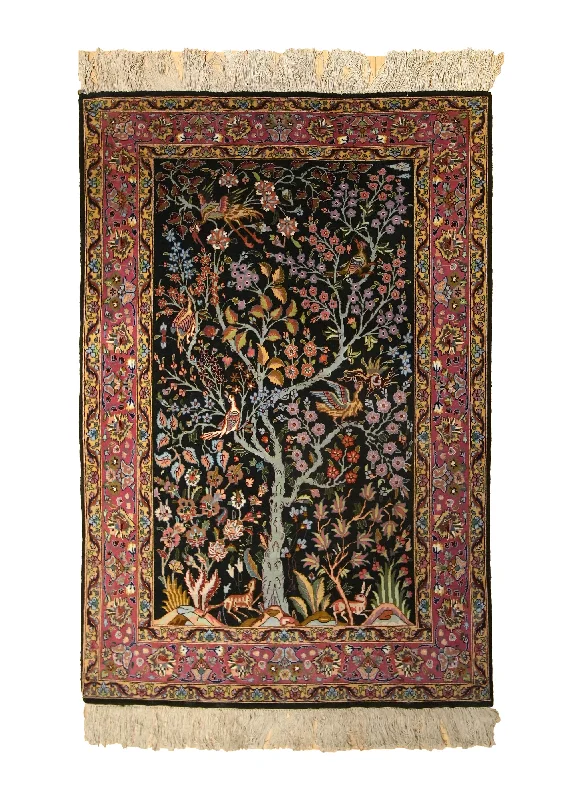 Persian Rug Tabriz Handmade Area Traditional 3'3"x4'10" (3x5) Pink Black Tree of Life Animals Design #A35404