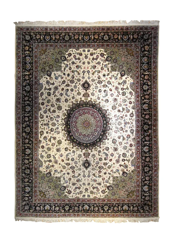 Persian Rug Tabriz Handmade Area Traditional 9'8"x13'5" (10x13) Green Whites/Beige Black Floral Naghsh Design #A35419