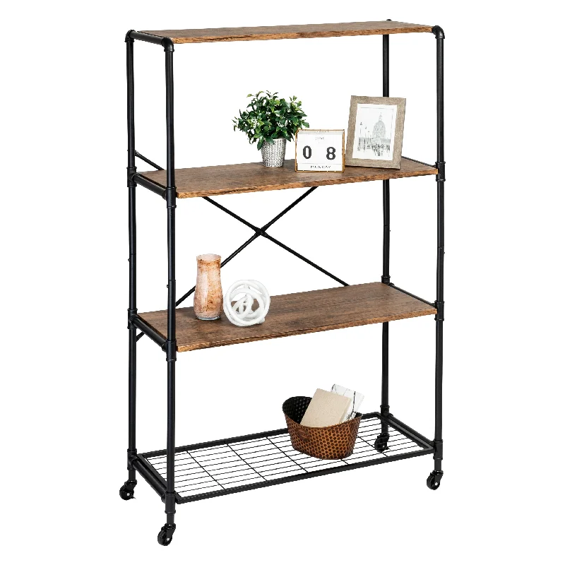 Black/Brown 4-Tier Industrial Rolling Bookshelf