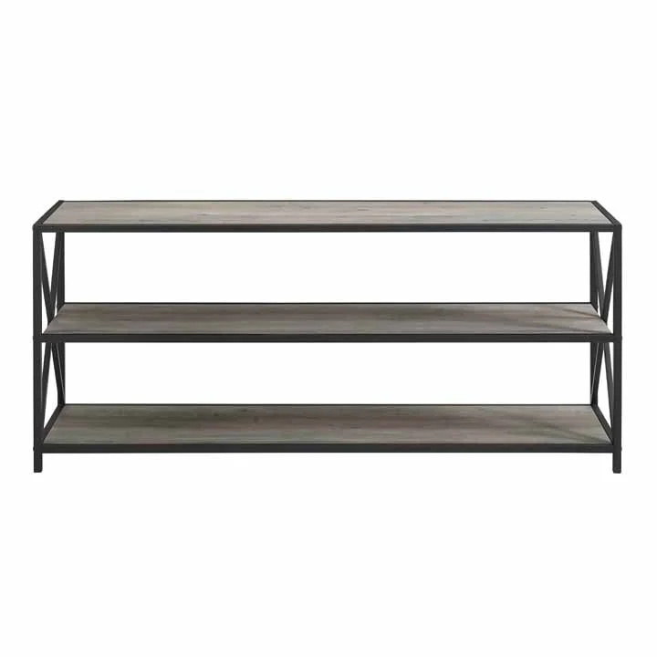 60" Wide X-Frame Metal and Wood Media Bookshelf - Grey Wash