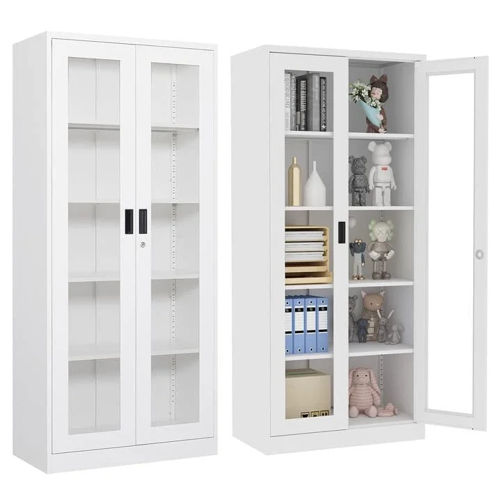 Glass Display Cabinet with Door & 4 Shelves, 71" Tall Metal Storage Cabinet, Freestanding Bookshelf Bookcase Liquor Cabinet