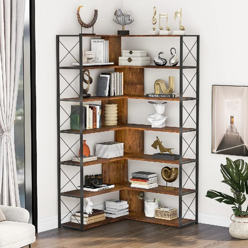 Modern 7-Tier L-Shaped Bookcase Home Office Bookshelf for Kitchen