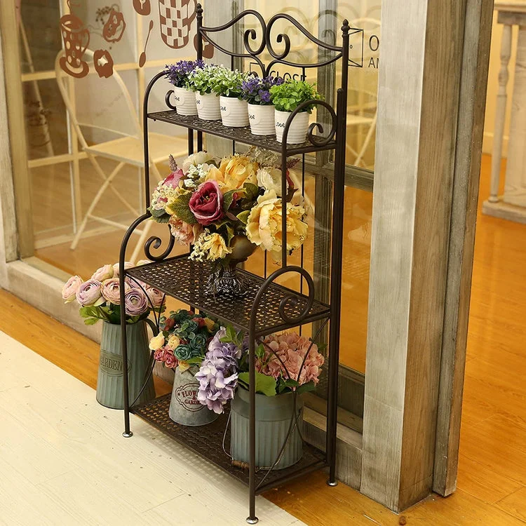 45-Inch Freestanding Metal Scrollwork Foldable 3-Tier Plant Display Stand Bookshelf