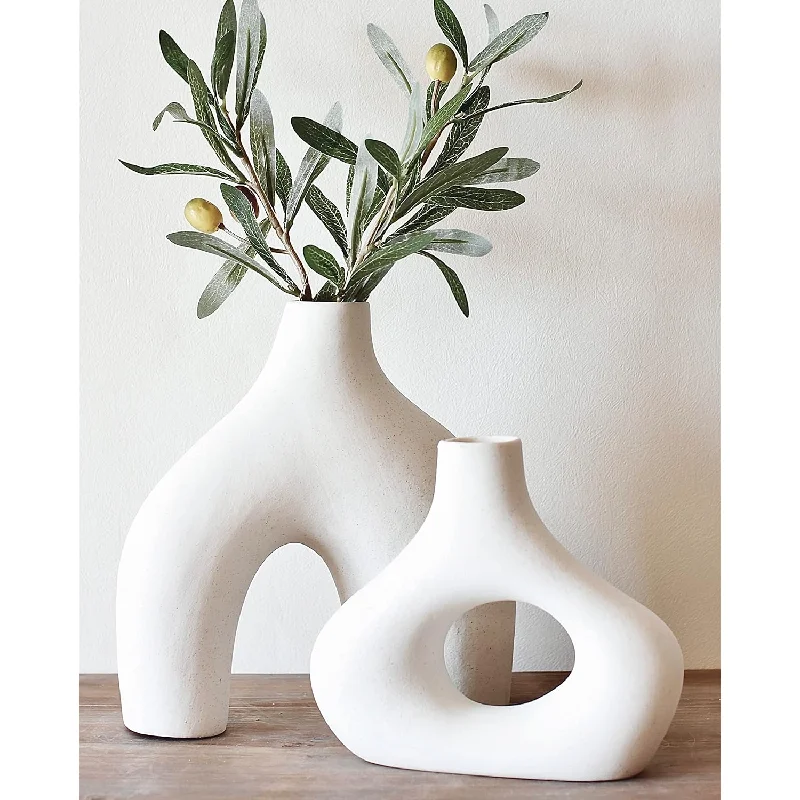 Den Donut Vase, Set of 2 - Minimalist Nordic, White Ceramic Hollow Donut Vase Decor | Table Centerpiece, Olive Plant, Wedding, Living Room, Bookshelf, Office, Modern Home, Entryway, Console