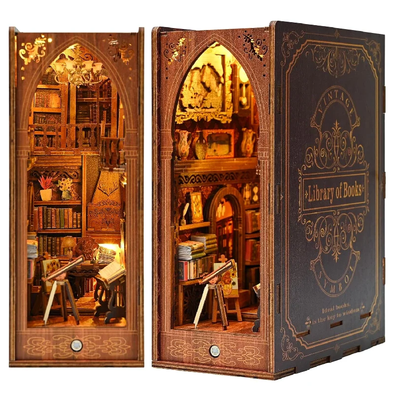 Diy Book Nook Kit,3D Wooden Puzzle Library Model Bookshelf Kit With Miniature