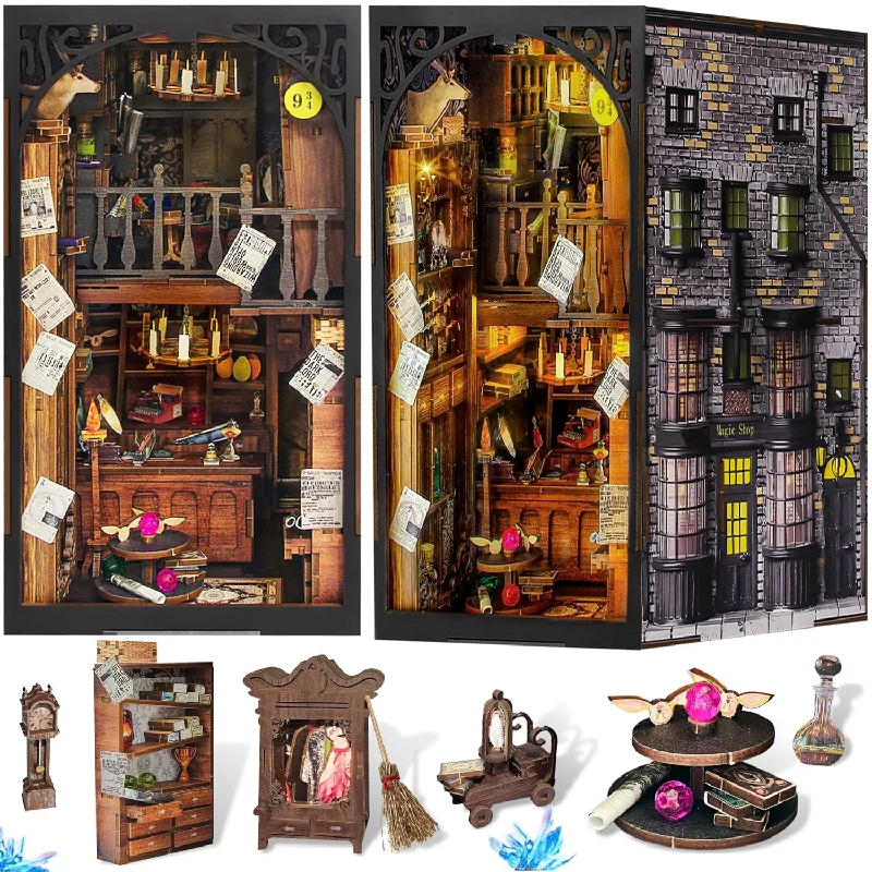 Diy Book Nook Kit, 3D Wooden Puzzle Miniature Booknook Bookend Bookshelf De