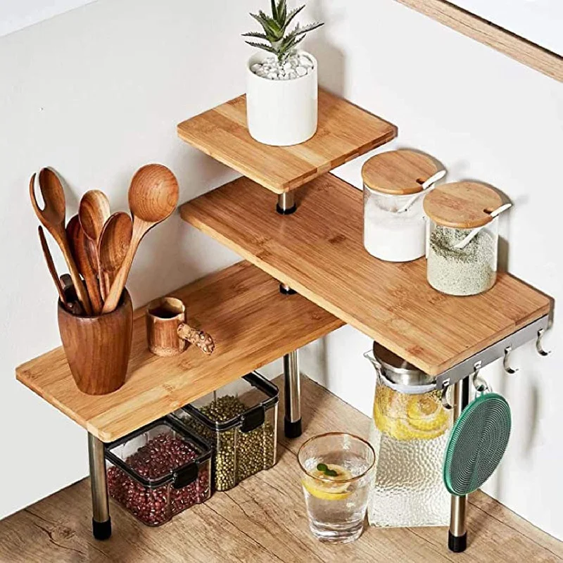 3 Tier Corner Shelf Bamboo & Metal Storage Spice Rack-Desk Bookshelf Display S