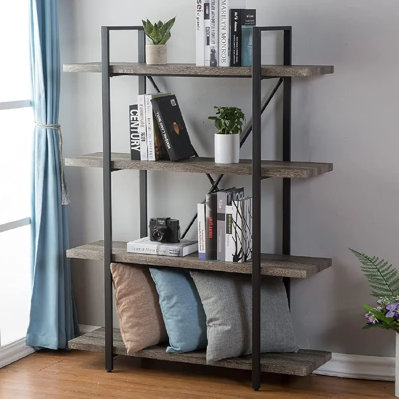 4-Shelf Vintage Industrial Bookshelf, Rustic Wood And Metal Bookcase, Open Wid