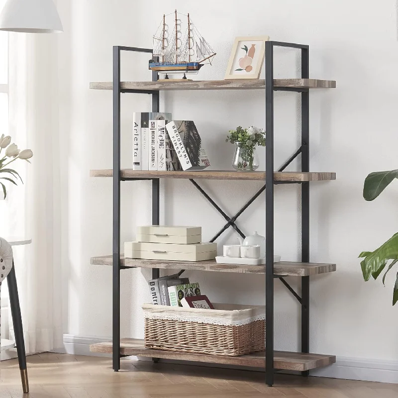 4-Tier Bookshelf,Vintage Industrial Book Shelf, Rustic Wood And Metal Bookcase