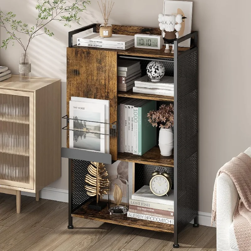 4 Tier Large Bookshelf With Storage Cabinet, Metal Industrial Bookcase Storage