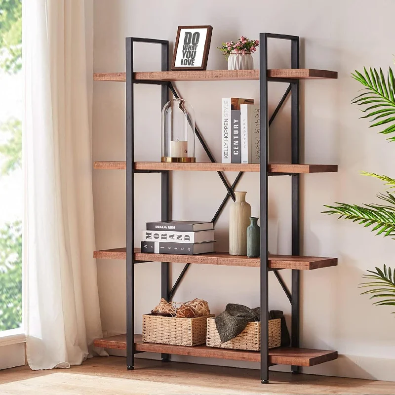 4 Tier Natural Real Wood Bookshelf, 4 Shelf Rustic Solid Wooden And Metal Book