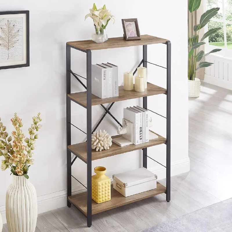 4 Tier Open Bookshelf, Vintage Free Standing Book Shelf, Rustic Wood And Metal