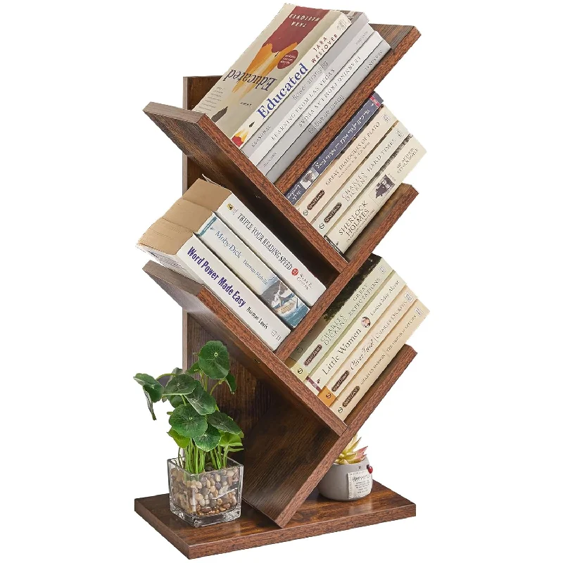 4 Tiers Tree Bookshelf, Floor Standing Bookcase, Wood Book Storage Organizer,