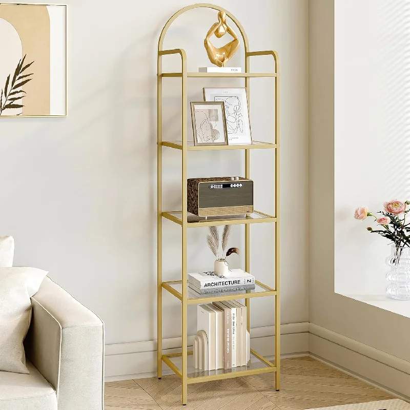 5 Tier Bookcase Bookshelf, Tempered Glass Bookshelves, Slim Shelving Unit For