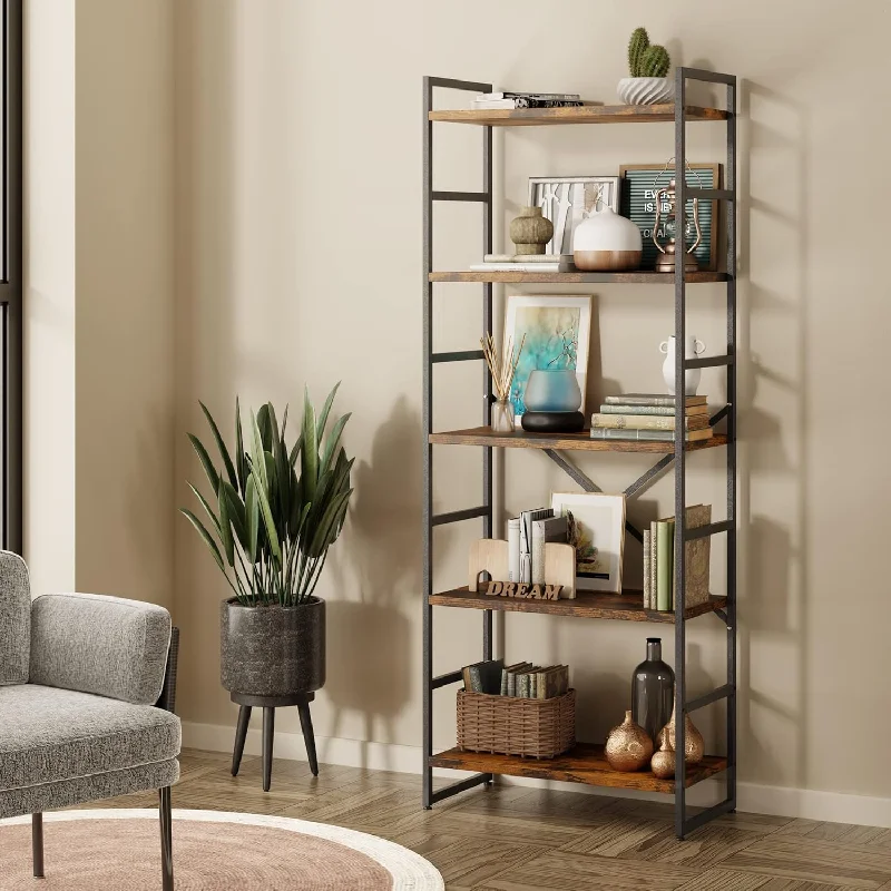 5 Tier Bookshelf Display Shelf Rack, Metal Frame Wood Bookcase Shelf With Open