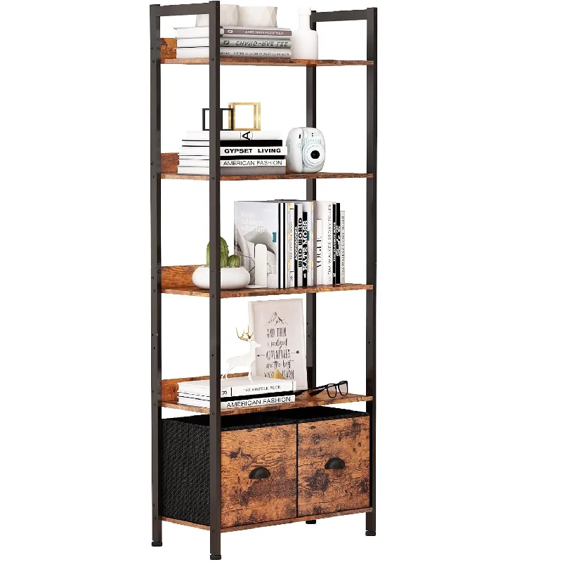 5-Tier Bookshelf, Tall Bookcase With 2 Storage Drawers, Industrial Display Sta