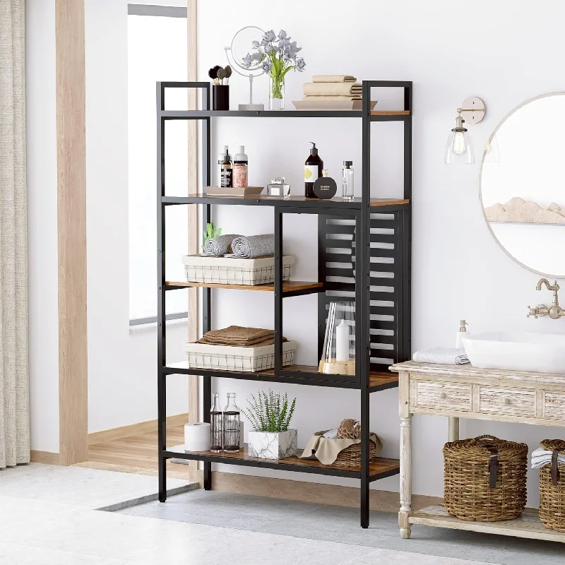 5 Tier Bookshelf Tall Industrial Bookcase Wood Metal Frame Standing Book Shelf