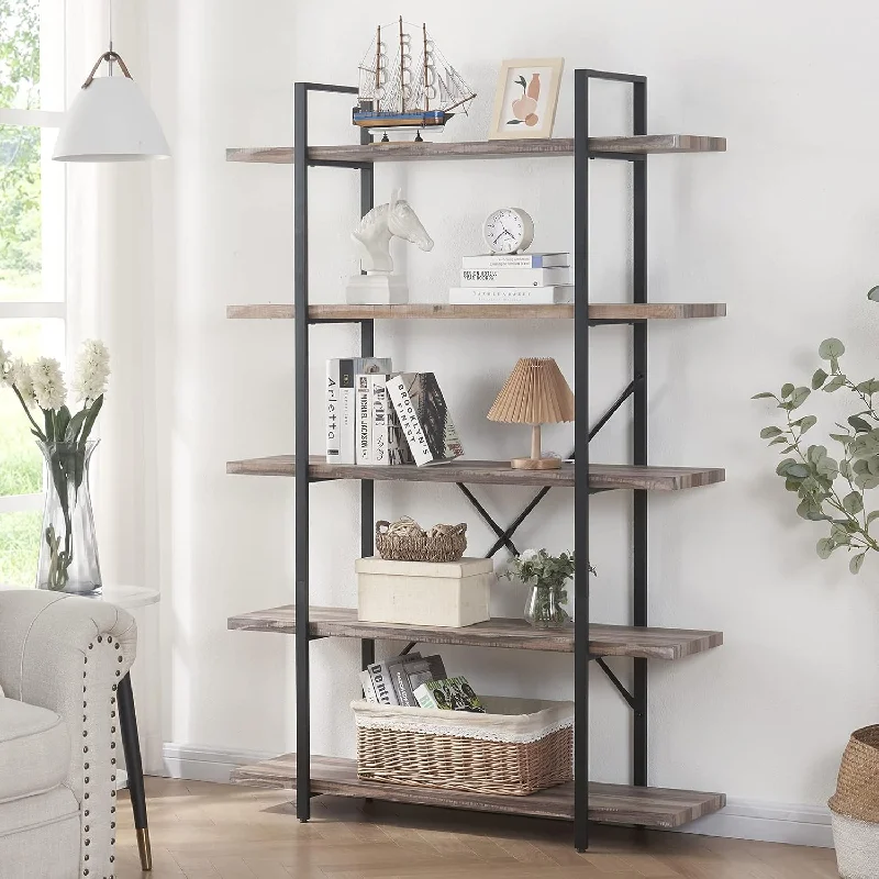 5-Tier Bookshelf,Vintage Industrial Book Shelf, Rustic Wood And Metal Bookcase