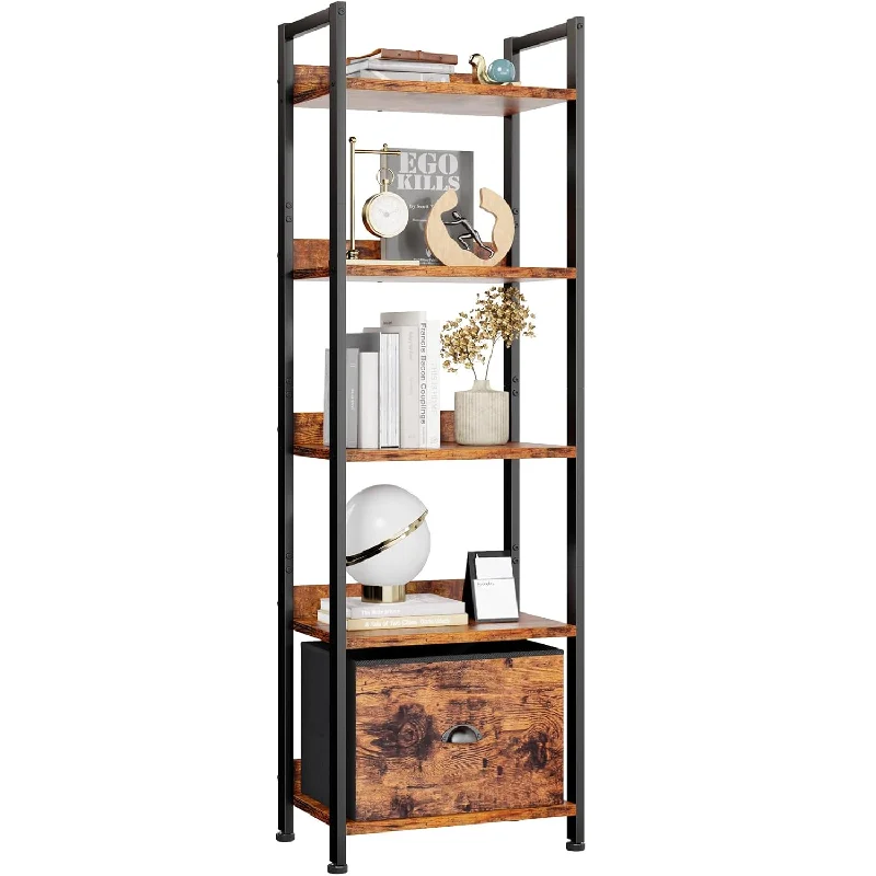 5 Tier Bookshelf With Drawer, Tall Narrow Bookcase With Shelves, Wood And Meta