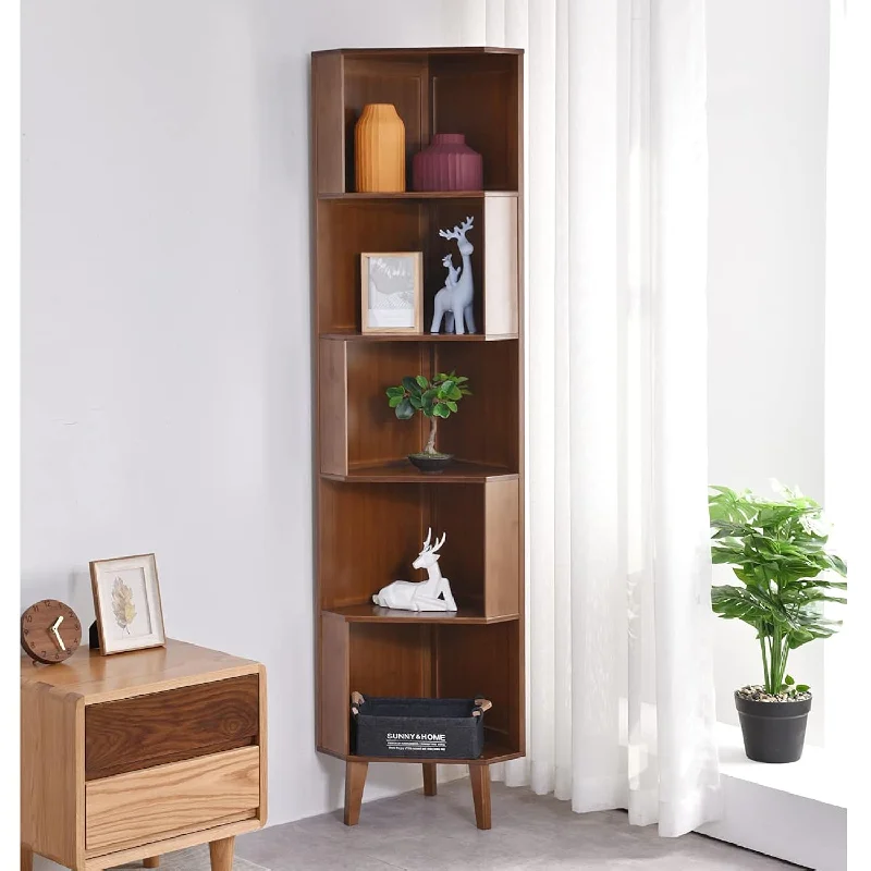 5-Tier Corner Bookcase, Bamboo Corner Shelf, Display Rack Small Bookshelf And