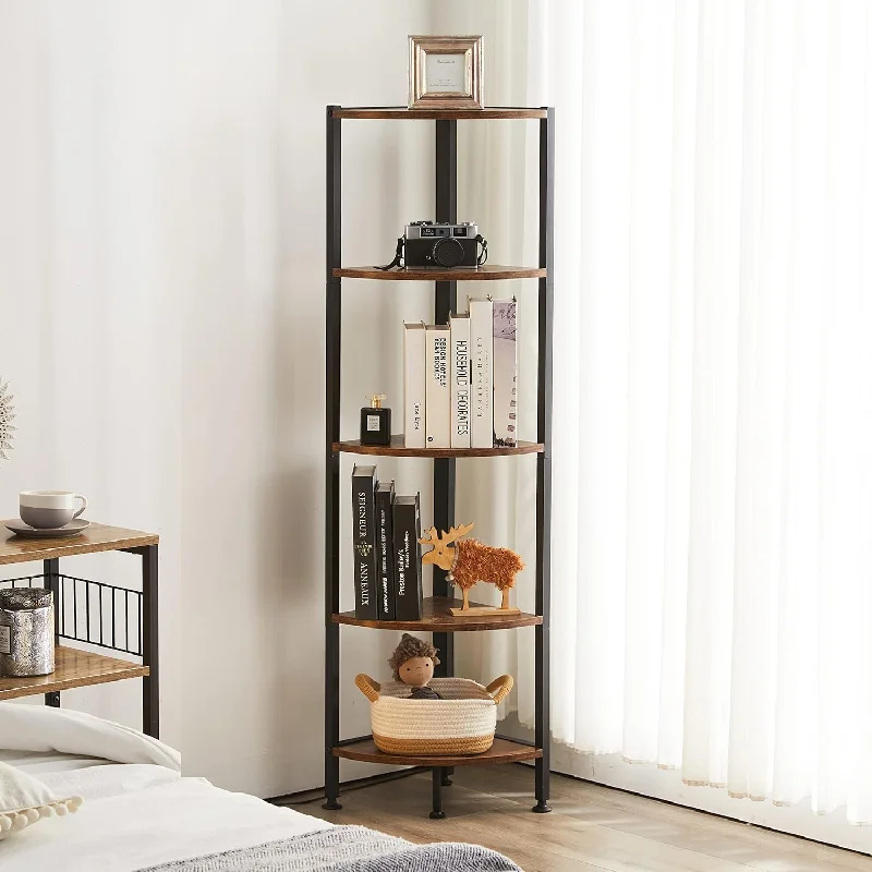 5 Tier Corner Shelf, Industrial Corner Bookshelf Small Bookcase Rustic Storage