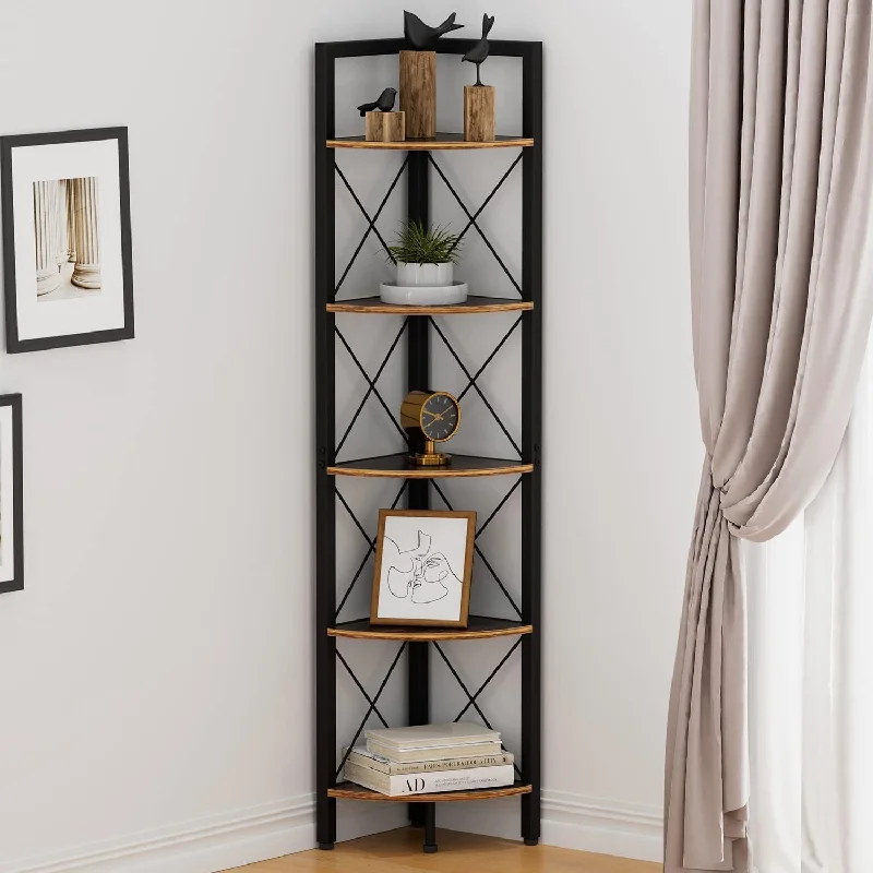 5 Tier Corner Shelf Stand, 63" Tall Wall Corner Bookshelf Bookcase And Plant S