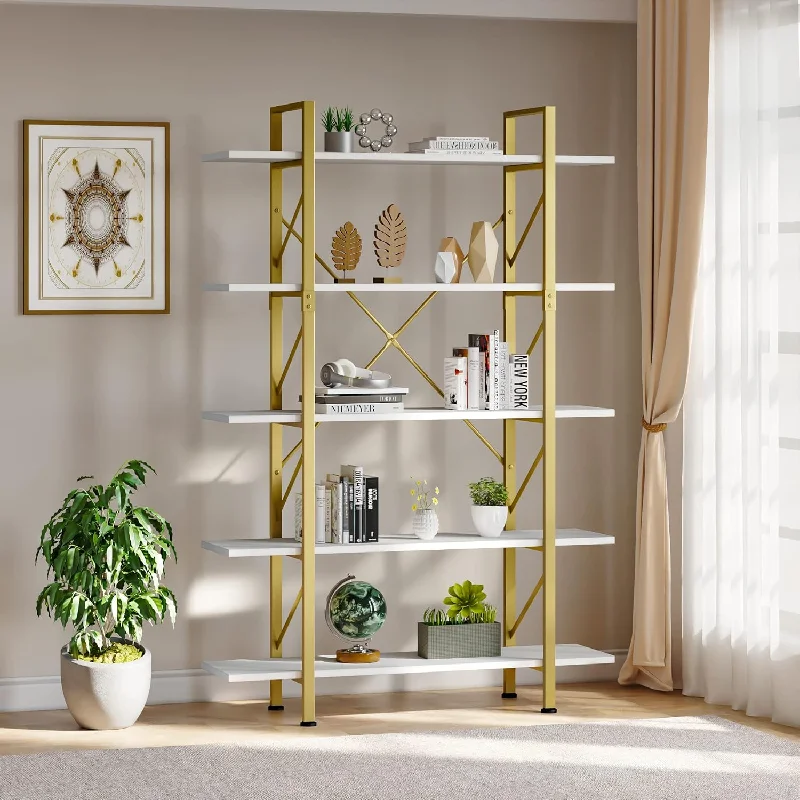 5-Tier Gold Bookshelf, Artsy Modern Freestanding 5 Shelf Bookcases And Bookshe