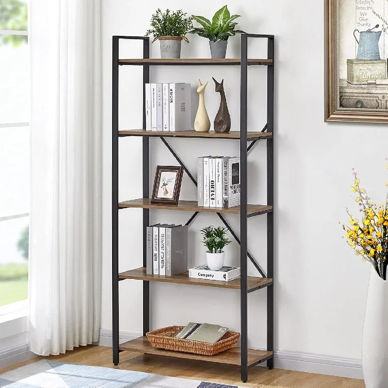 5 Tier Industrial Bookshelf, Rustic Etagere Bookcase For Display, Vintage Shel