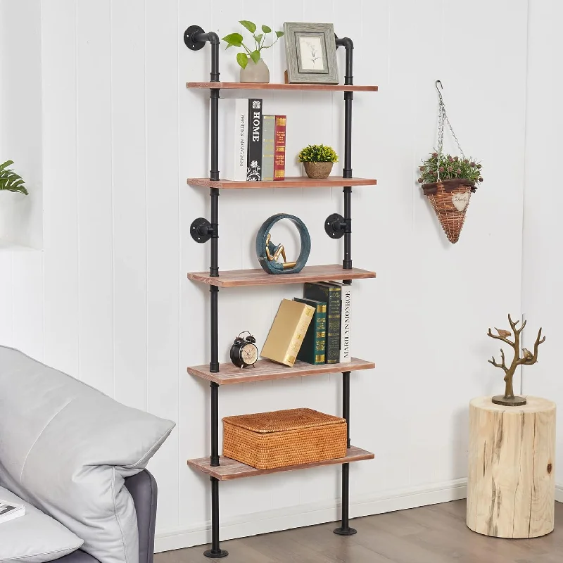 5 Tier Industrial Ladder Shelf Bookcase, Wall Mounted Rustic Bookshelf, Retro