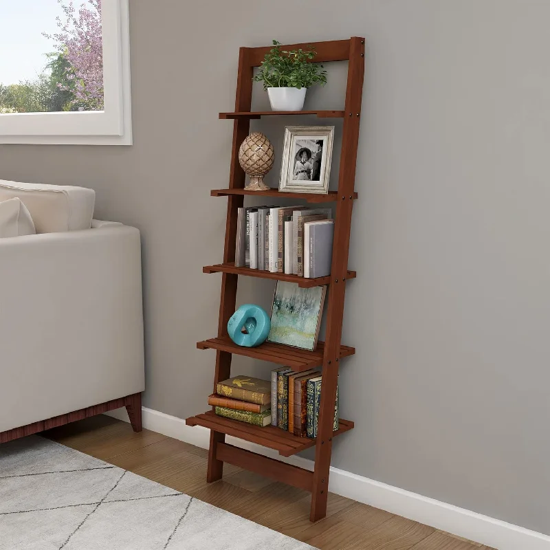 5-Tier Ladder Bookshelf- Leaning Decorative Shelves For Display, Walnut