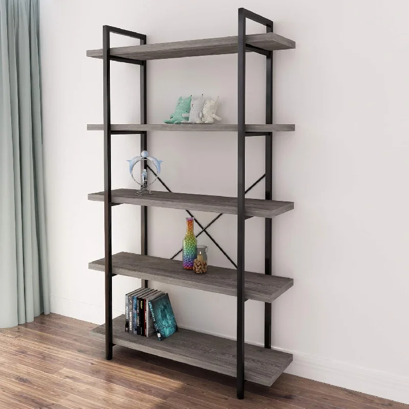 5-Tier Vintage Industrial Style Bookcase/Metal And Wood Bookshelf Furniture Fo