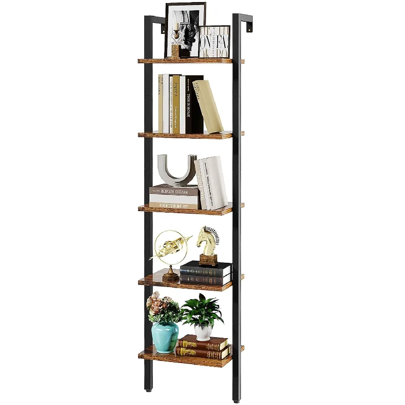 5 Tiers Ladder Bookcase, Industrial Wall Mounted Bookshelf, Open Display Rack