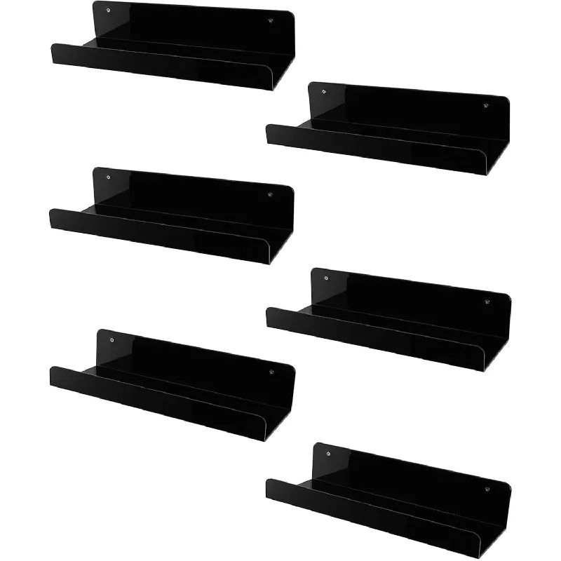 6 Pack Black Floating Shelves,15 Inch Acrylic Shelves Floating Bookshelf,Acryl