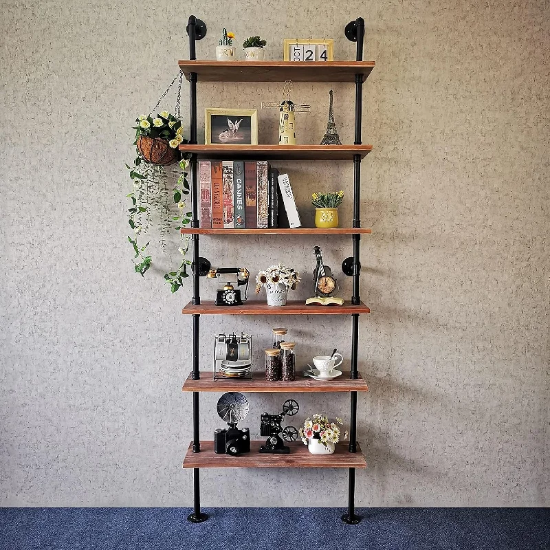 6 Tier Industrial Ladder Shelf Bookcase, Wall Mounted Rustic Bookshelf, Retro