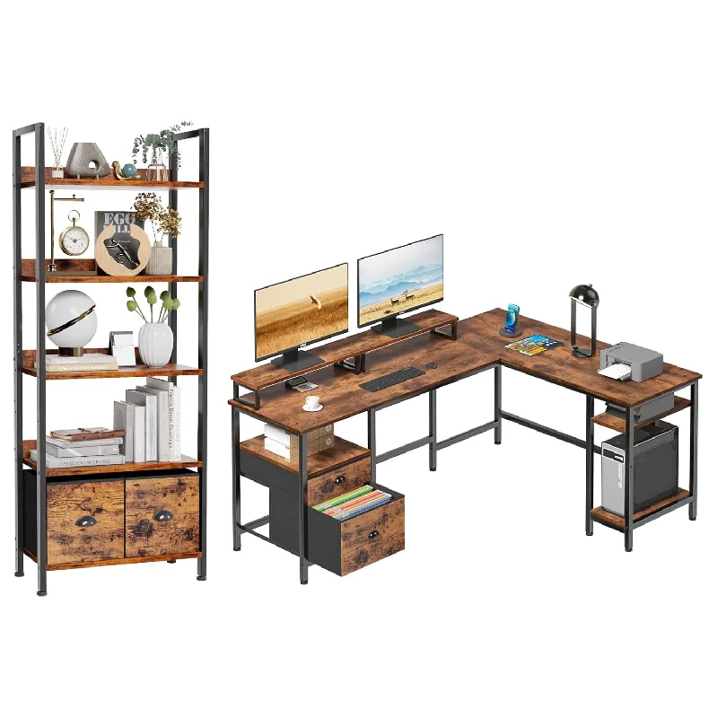 66" L Shaped Computer Desk And 5-Tier Bookshelf, Corner Gaming Desk With File