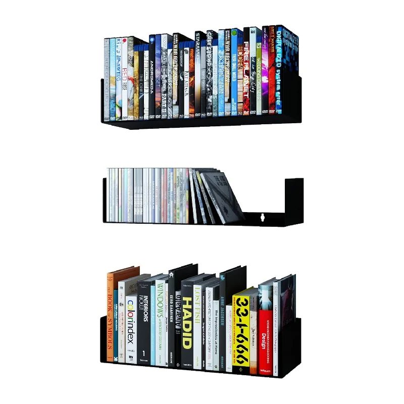 Bali Black Bookshelf And Cd Dvd Storage Shelf Set Of 3, Metal Floating Book Sh