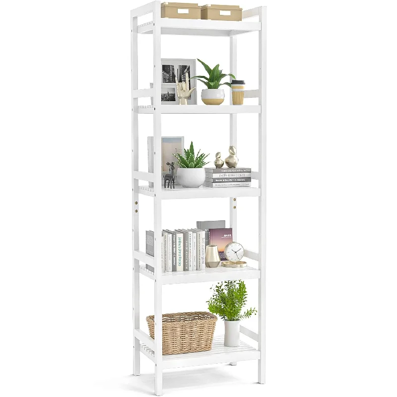 Bamboo Bookshelf, 5-Tier Narrow 55.9” Adjustable Book Shelf Bookcase Bathroom