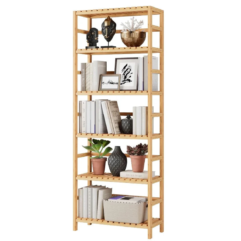 Bamboo Bookshelf, 6 Tier Bookcase Storage Shelves, Tall Book Rack Shelving Unit,