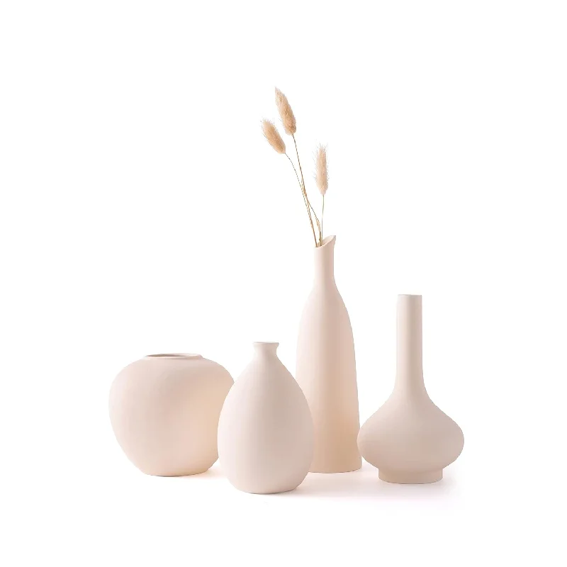 Beige White Ceramic Rustic Vase Set - 4 For Flowers Pampas Grass, Bookshelf De