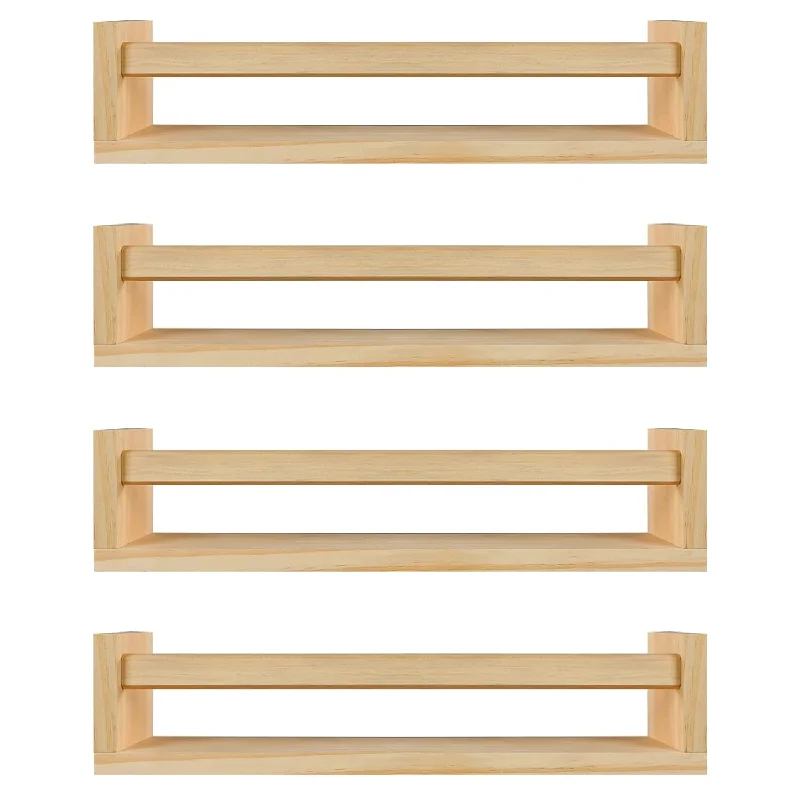 Bomid Wall Bookshelves,Set Of 4 Natural Wood Floating Bookshelf,Nursery Shelve