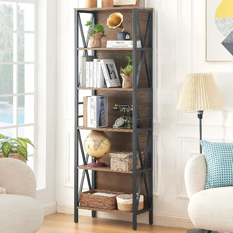 Bookcase,6-Tier Tall Bookshelf Indstrial Bookshelves With Cabinet, Free Standi