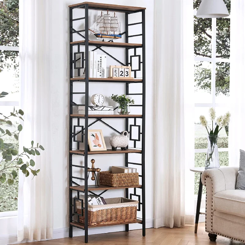 Bookcase,7-Tier Tall Bookshelf Metal Bookcase And Bookshelves, Free Standing S