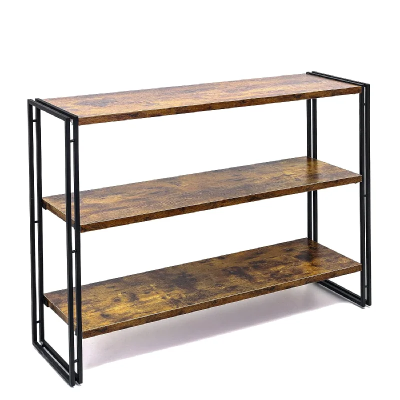 Bookshelf,3-Tier Open Bookcase,Rustic Wood And Metal Industrial Display Book S