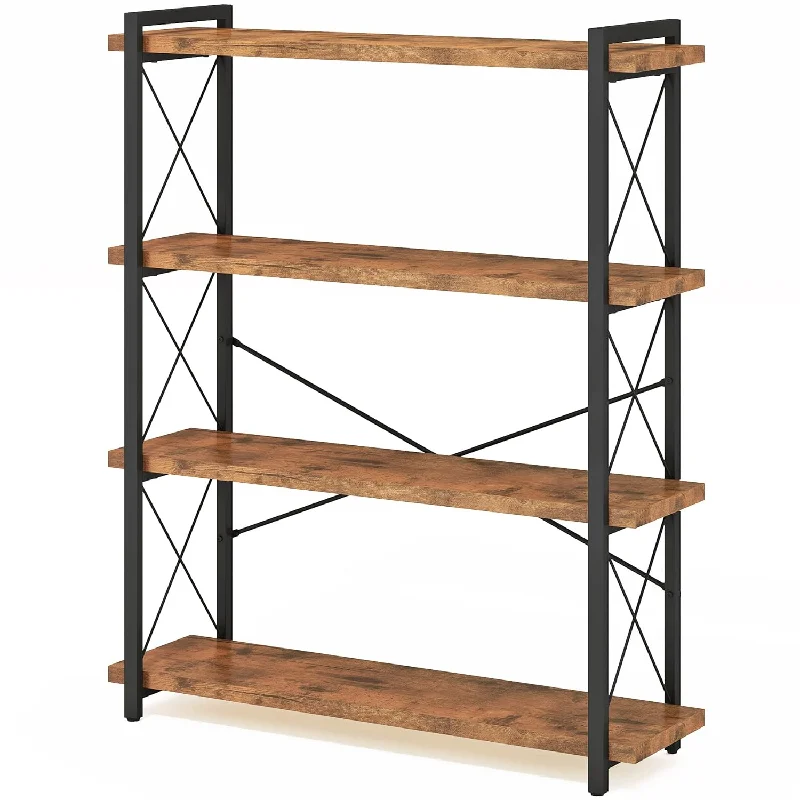 Bookshelf 4 Tier,Open Bookcase 4 Shelves Wood And Metal Industrial Rustic,Hori