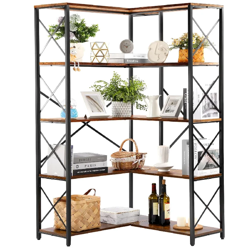 Bookshelf 5 Tier Corner Shelf, Large Modern Industrial Bookcase L Shaped Stora